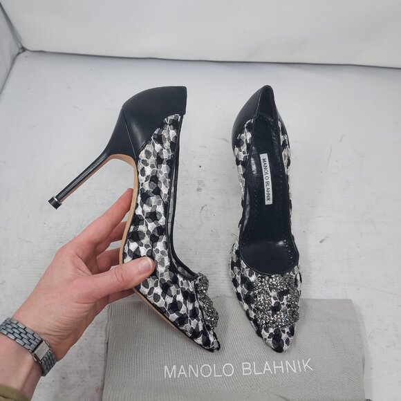 Manolo Blahnik Shoes - Manolo Blahnik HANGISI BLACK LACE JEWEL BUCKLE PUMP